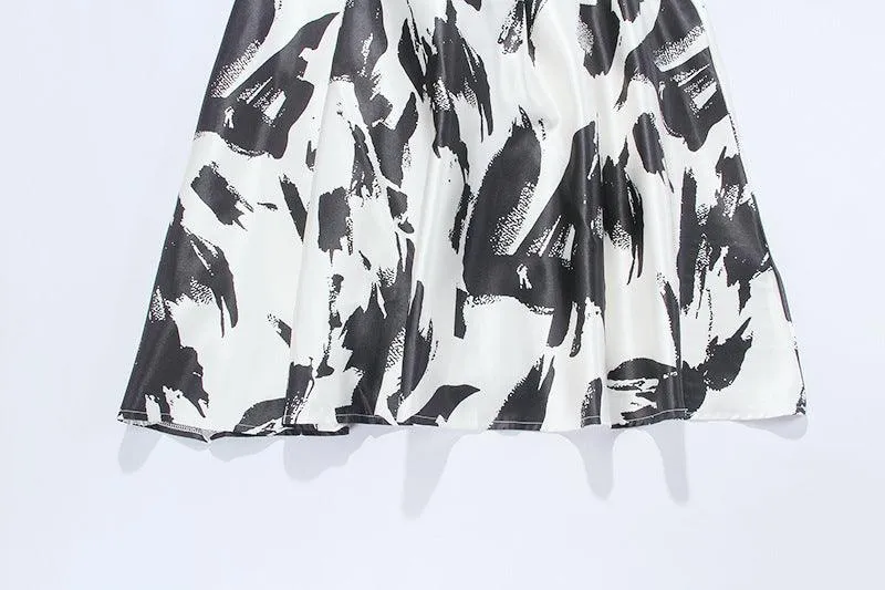 Ink Art Printed Round Neck Sleeveless High Waist Dress