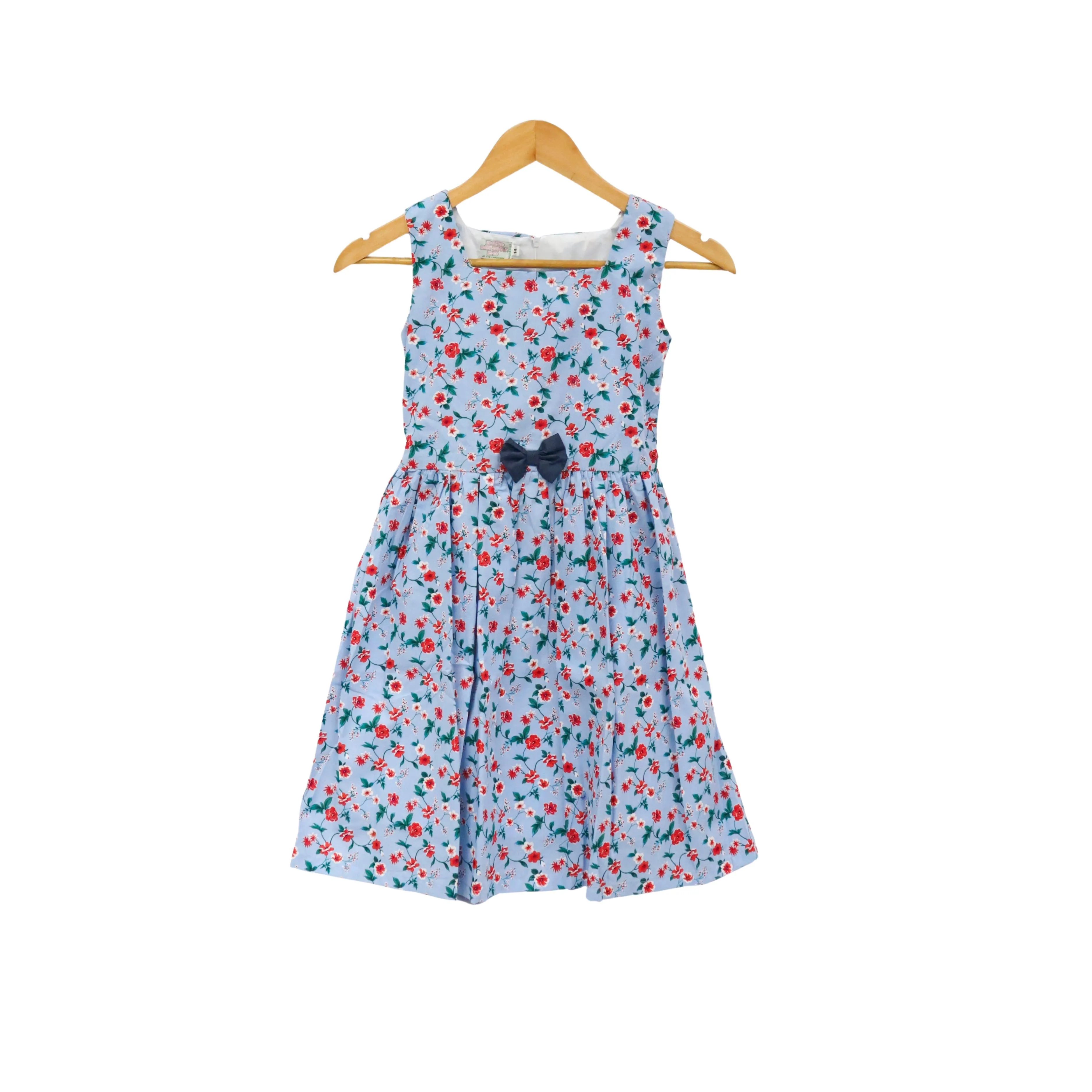 JKC Square Neck Sleeveless Dress with Floral Print and Ribbon - Blue