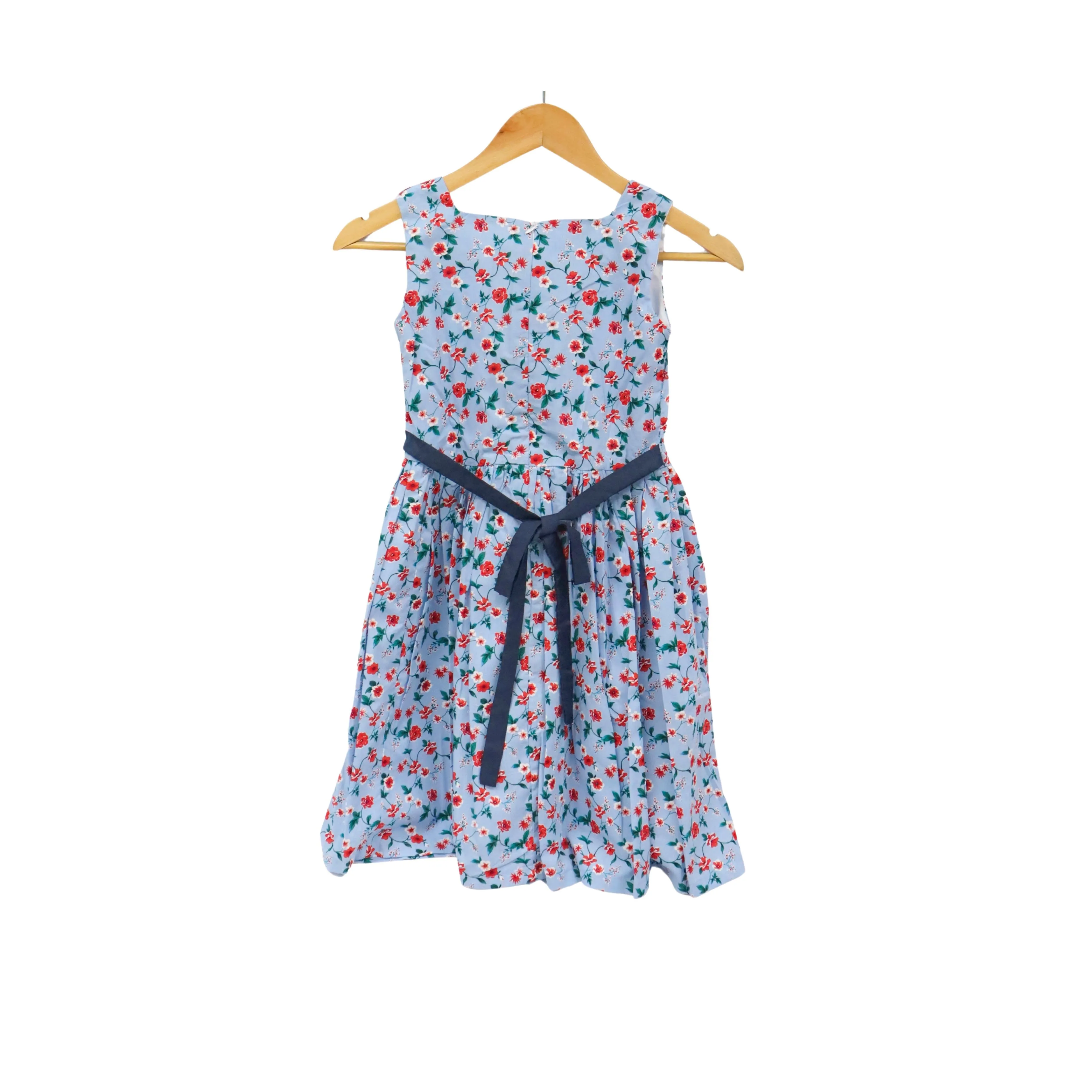 JKC Square Neck Sleeveless Dress with Floral Print and Ribbon - Blue