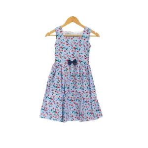 JKC Square Neck Sleeveless Dress with Floral Print and Ribbon - Blue