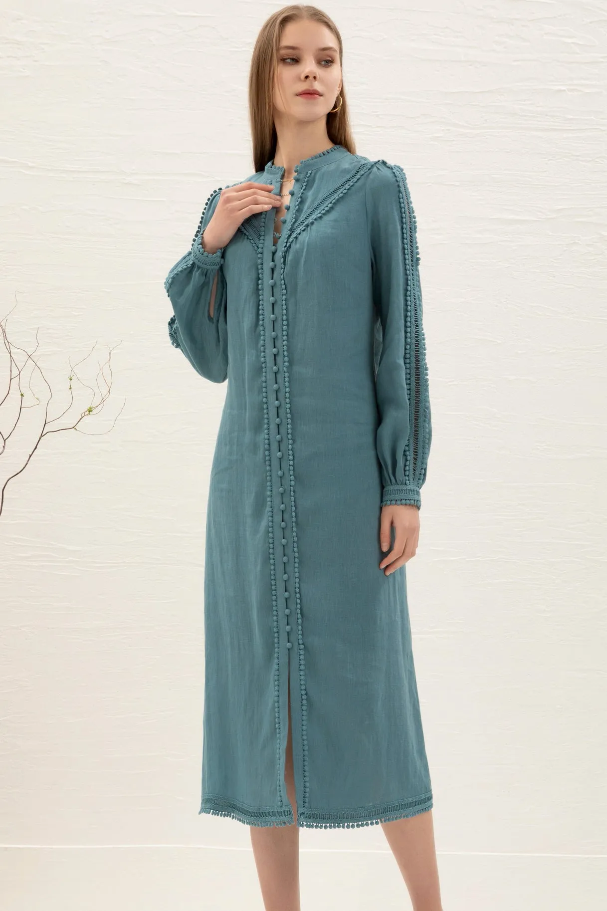 Kiara Linen Embroidered Dress - Teal - GDS