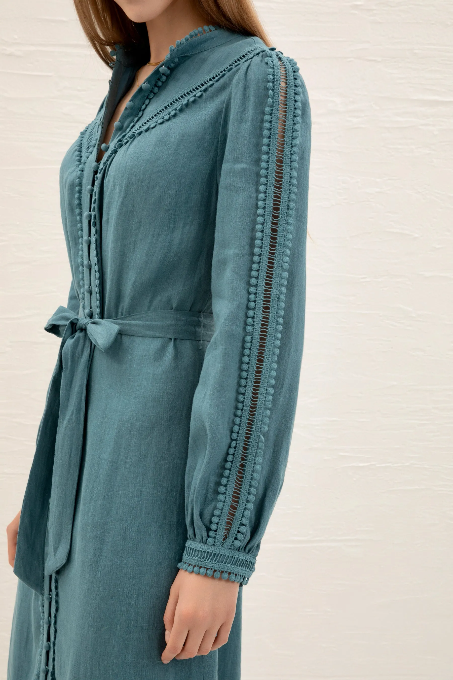 Kiara Linen Embroidered Dress - Teal - GDS