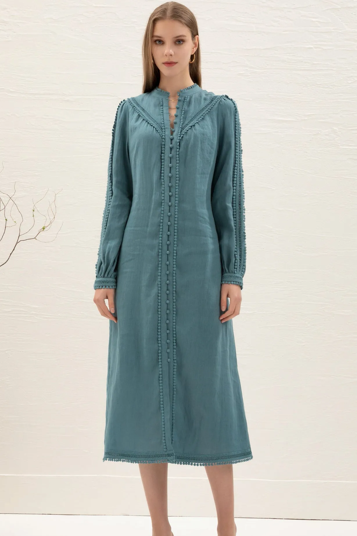 Kiara Linen Embroidered Dress - Teal - GDS