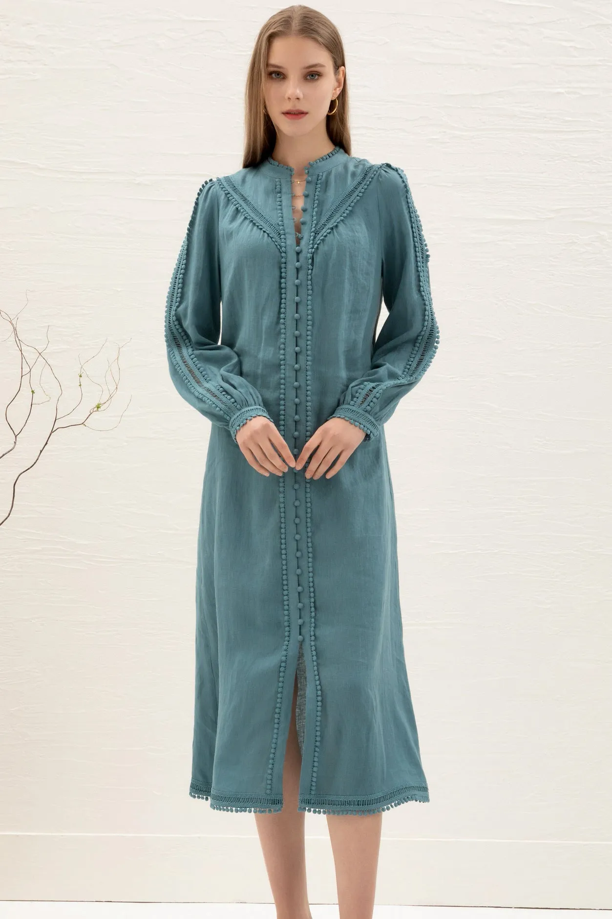 Kiara Linen Embroidered Dress - Teal - GDS