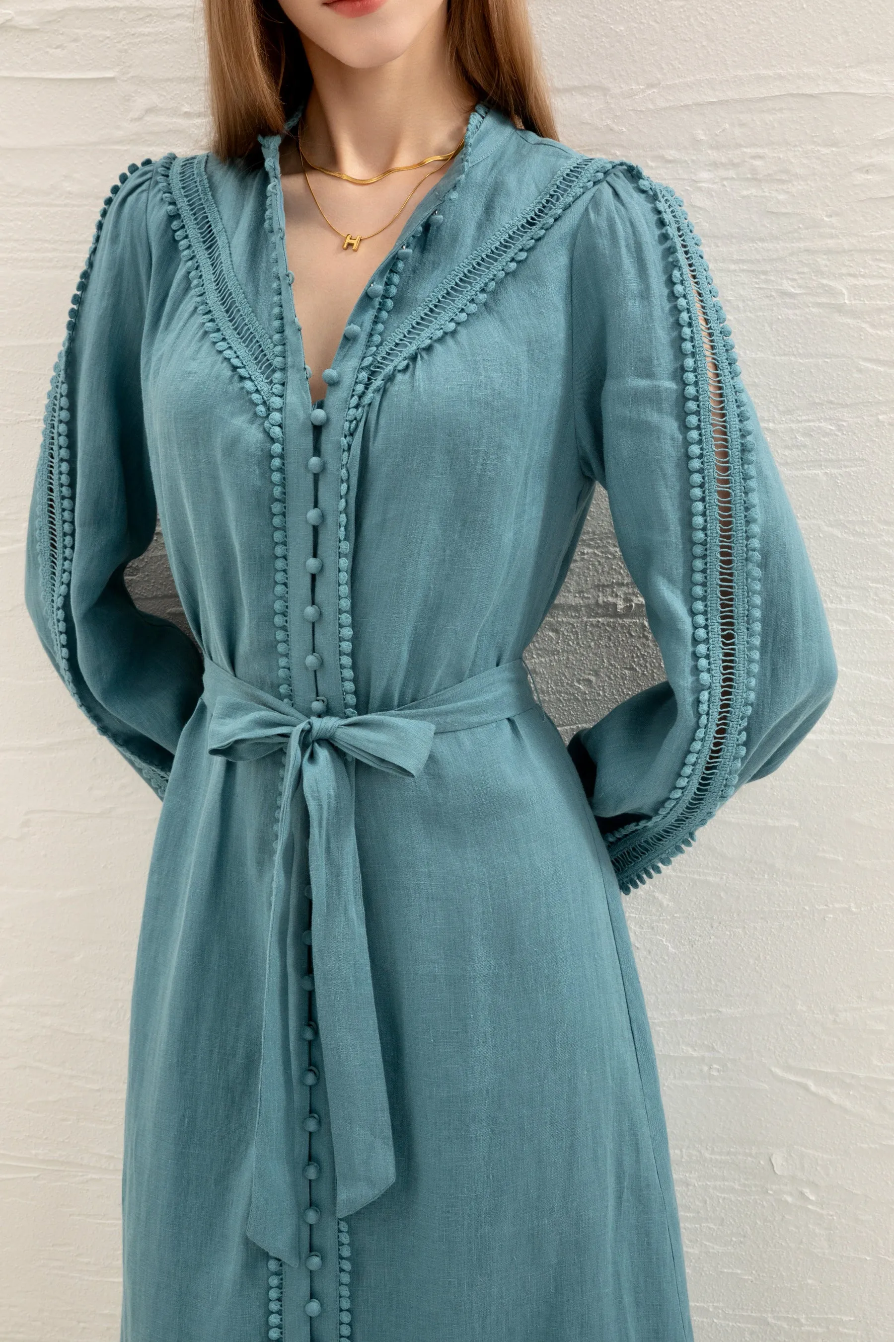 Kiara Linen Embroidered Dress - Teal - GDS