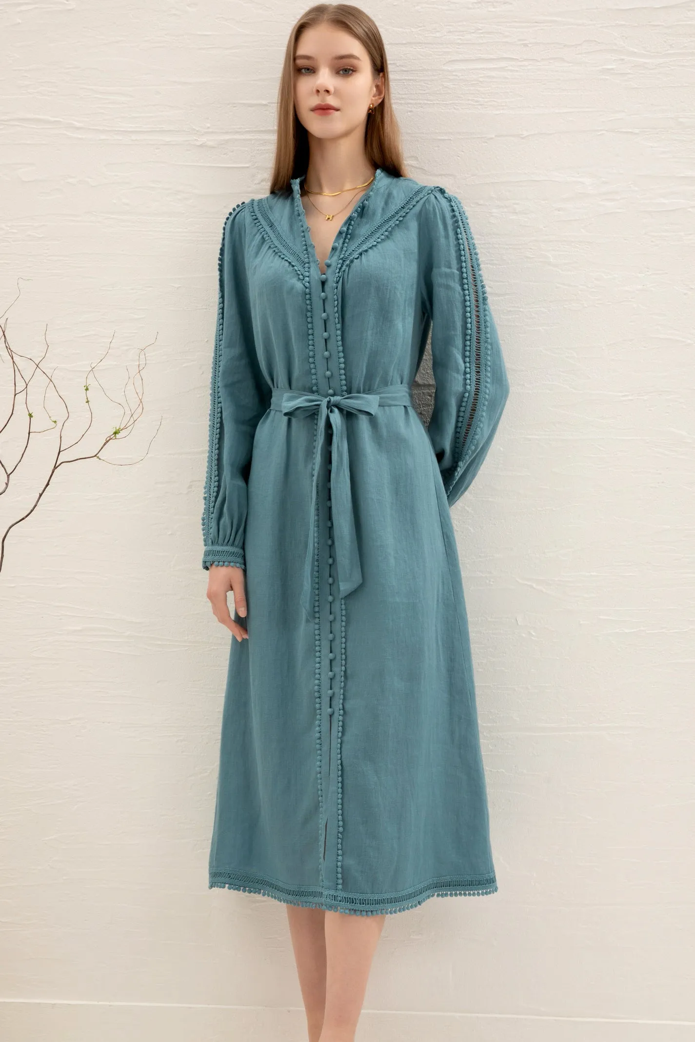 Kiara Linen Embroidered Dress - Teal - GDS