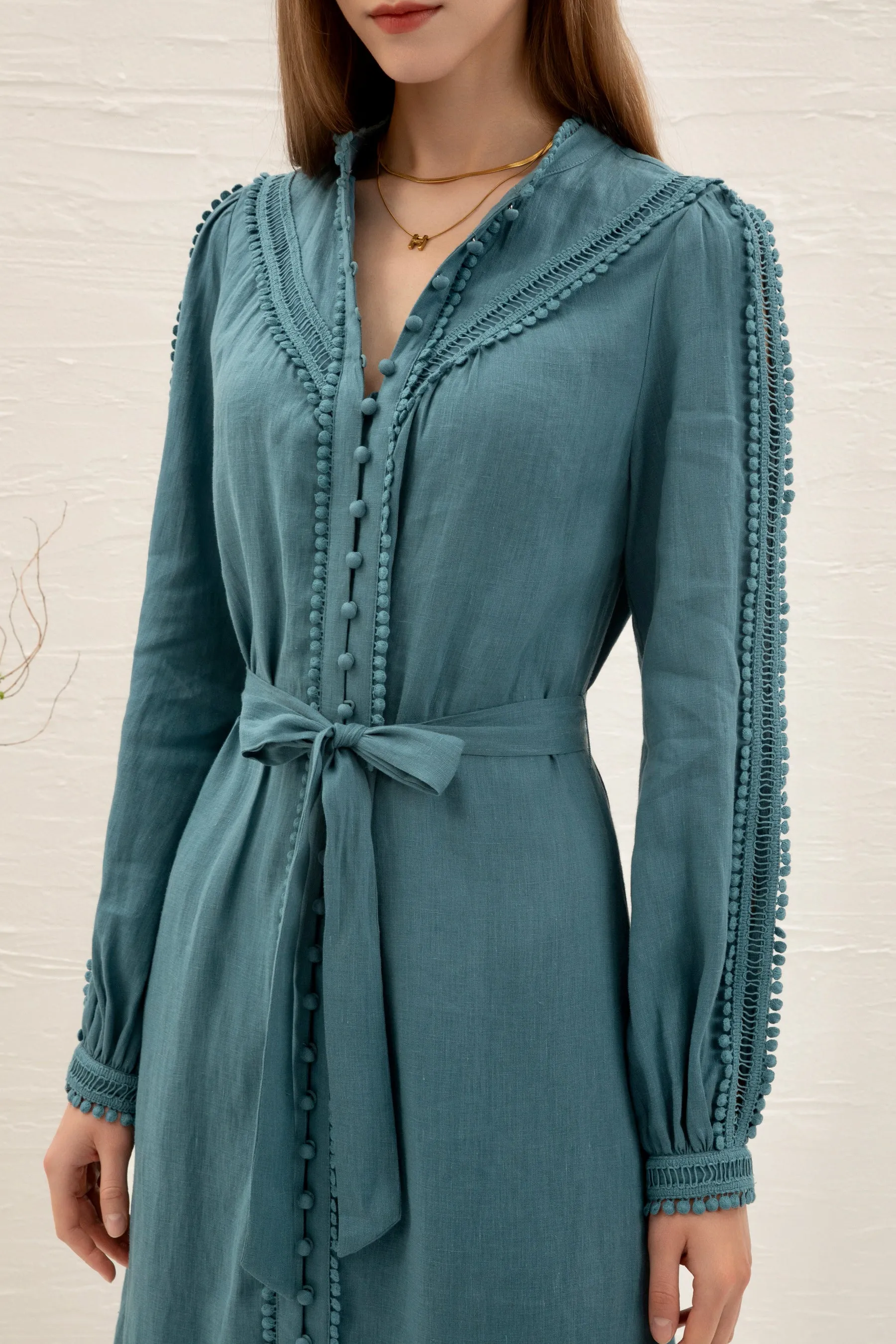 Kiara Linen Embroidered Dress - Teal - GDS