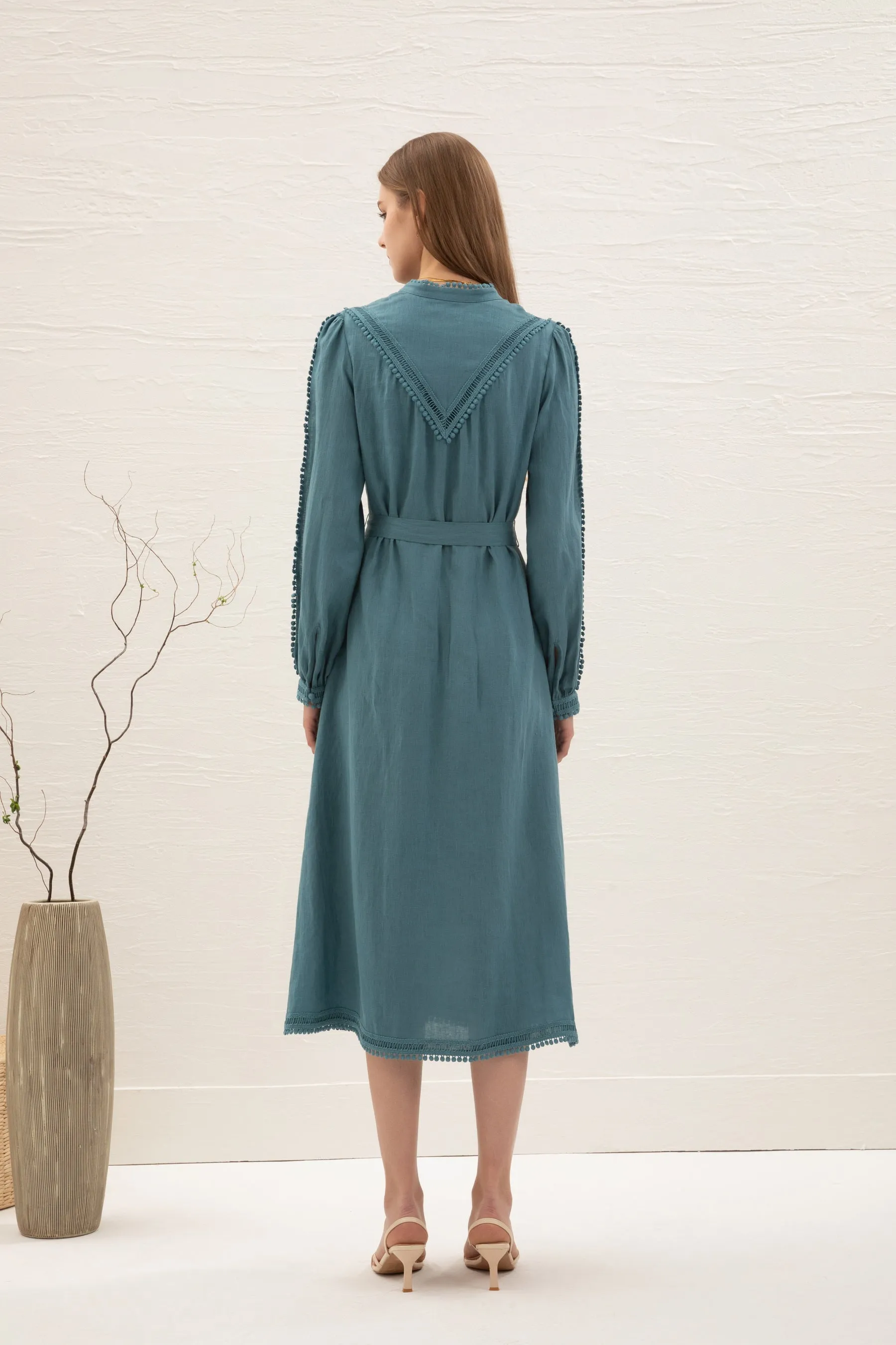 Kiara Linen Embroidered Dress - Teal - GDS