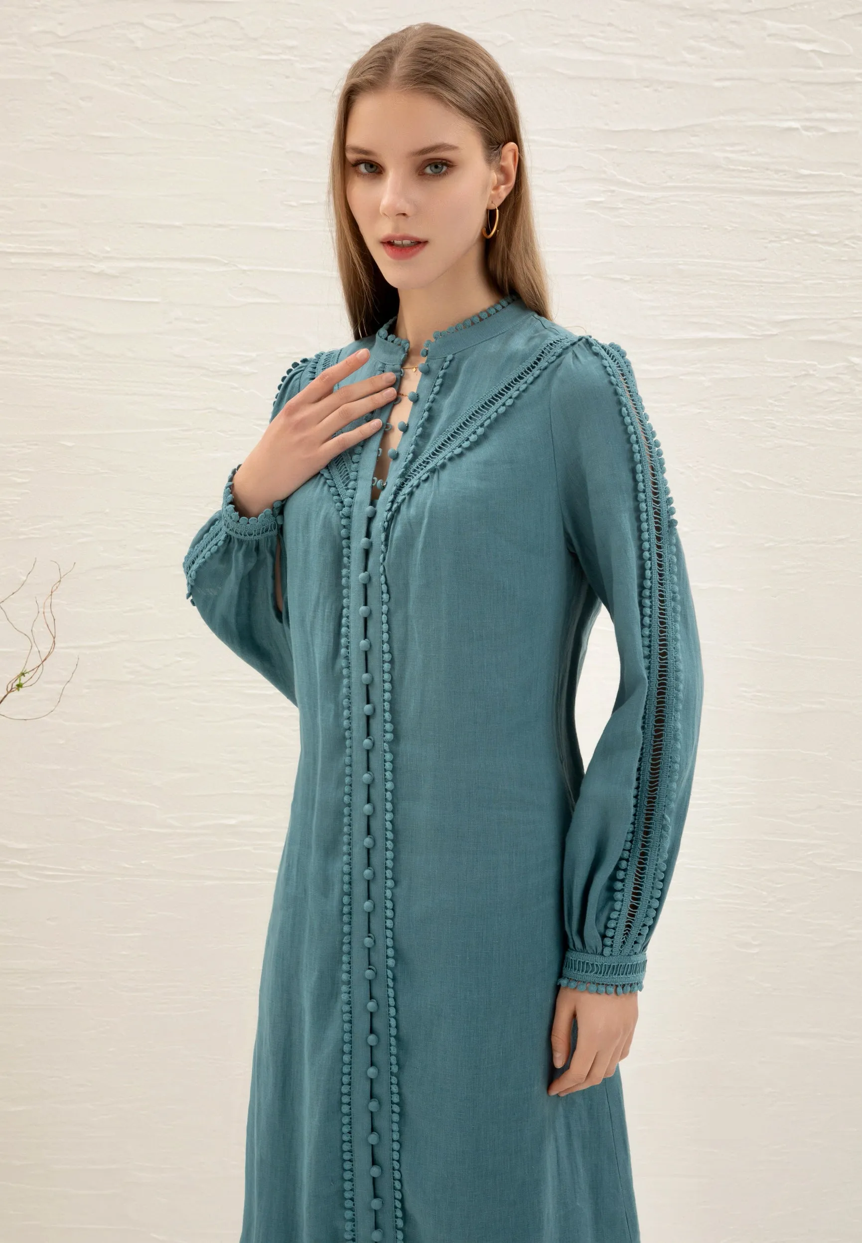 Kiara Linen Embroidered Dress - Teal - GDS