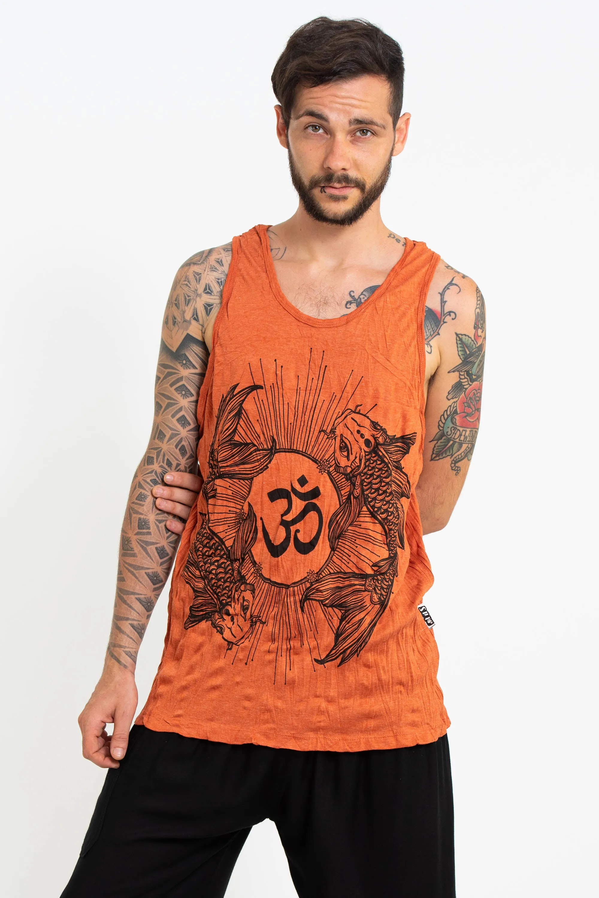 Mens Om and Koi Fish Tank Top in Orange