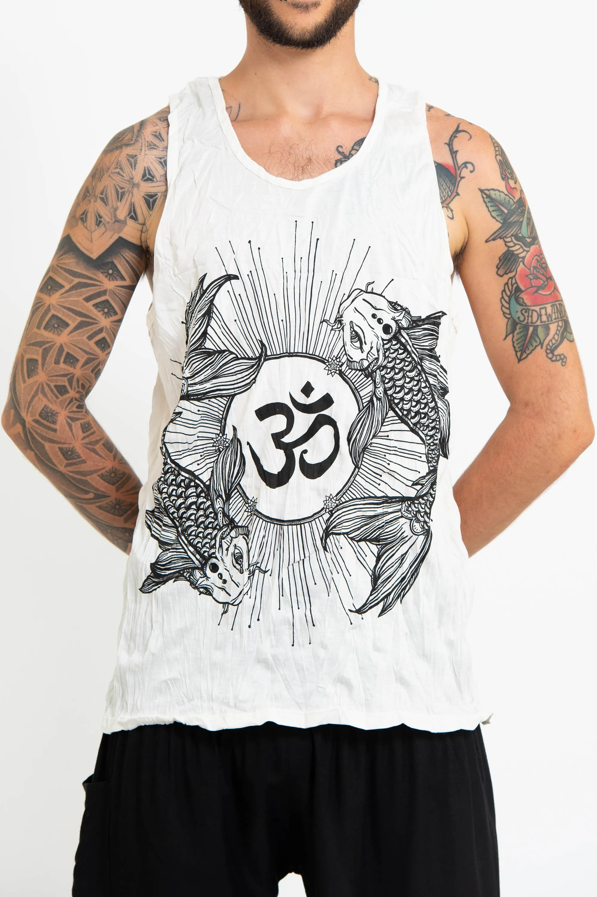 Mens Om and Koi Fish Tank Top in White