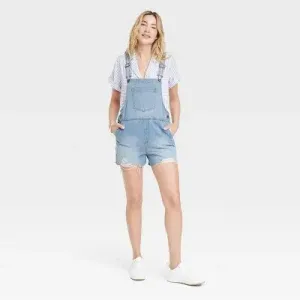 New - Women's Denim Boyfriend Shortalls - Universal Thread Medium Wash 0