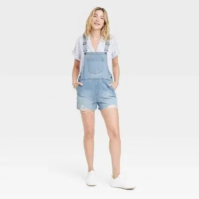 New - Women's Denim Boyfriend Shortalls - Universal Thread Medium Wash 0