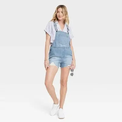 New - Women's Denim Boyfriend Shortalls - Universal Thread Medium Wash 0