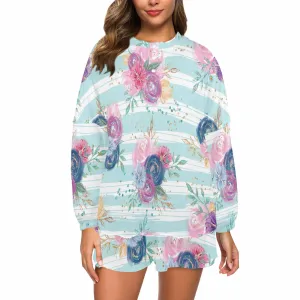 Purple and Pink floral Blue Stripes  Women's Long Sleeve Pajama Set with Shorts