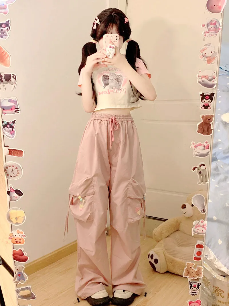 Serendipity Summer Cat Raglan T Shirt & Pink Gathered Pants Two Piece Set