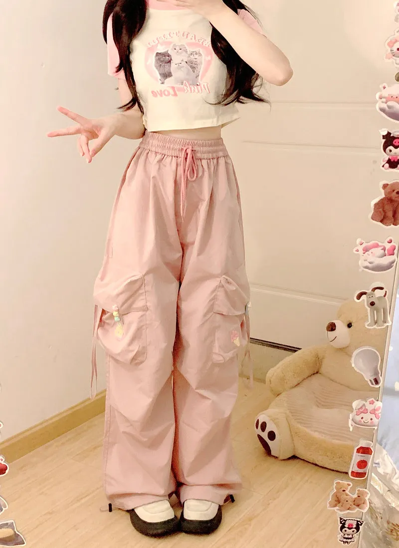 Serendipity Summer Cat Raglan T Shirt & Pink Gathered Pants Two Piece Set