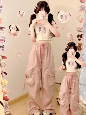 Serendipity Summer Cat Raglan T Shirt & Pink Gathered Pants Two Piece Set