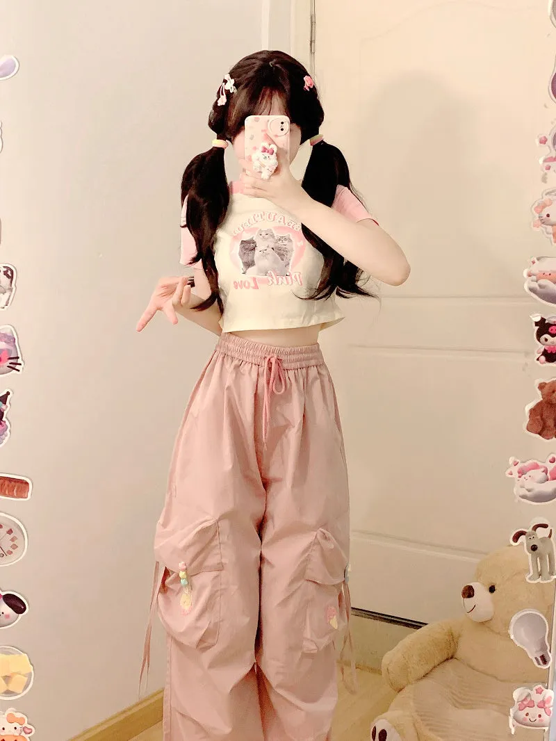 Serendipity Summer Cat Raglan T Shirt & Pink Gathered Pants Two Piece Set