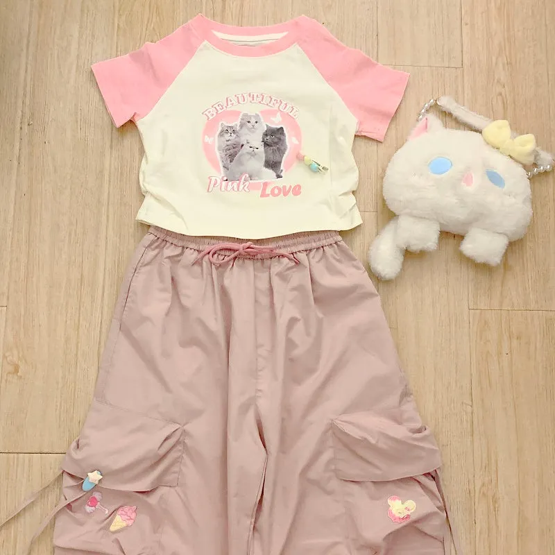 Serendipity Summer Cat Raglan T Shirt & Pink Gathered Pants Two Piece Set