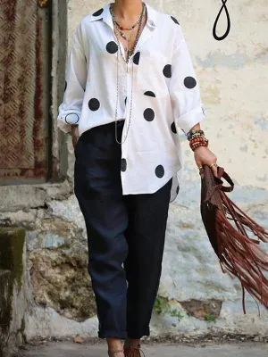 Sets Polka Dot Button Shirt & Solid Pants Two Piece Set for Women