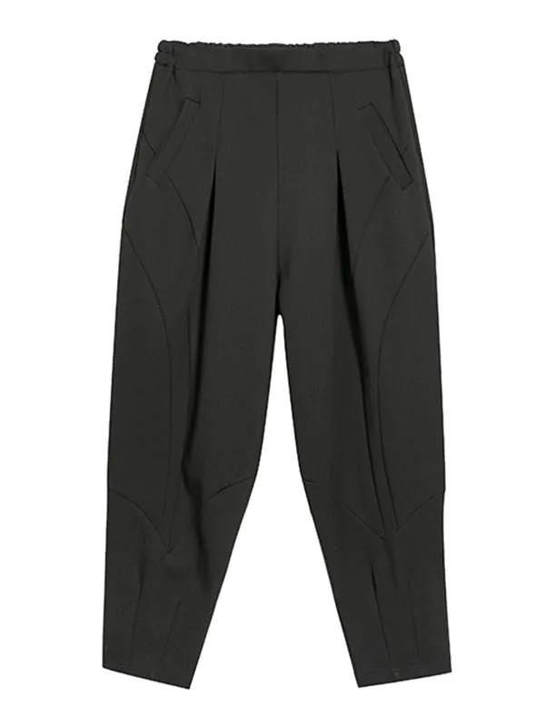 Simple Casual Split-Joint Pleats Black Harem Pants