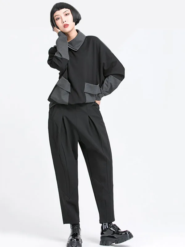 Simple Casual Split-Joint Pleats Black Harem Pants