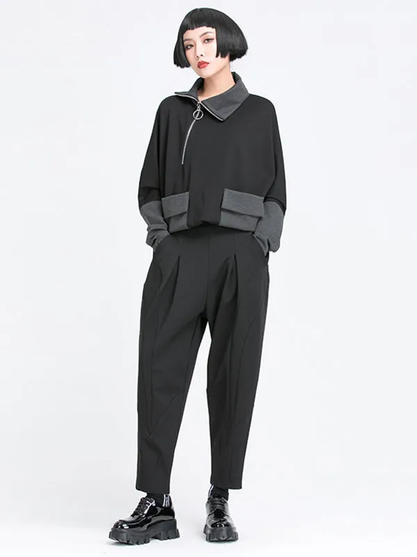 Simple Casual Split-Joint Pleats Black Harem Pants