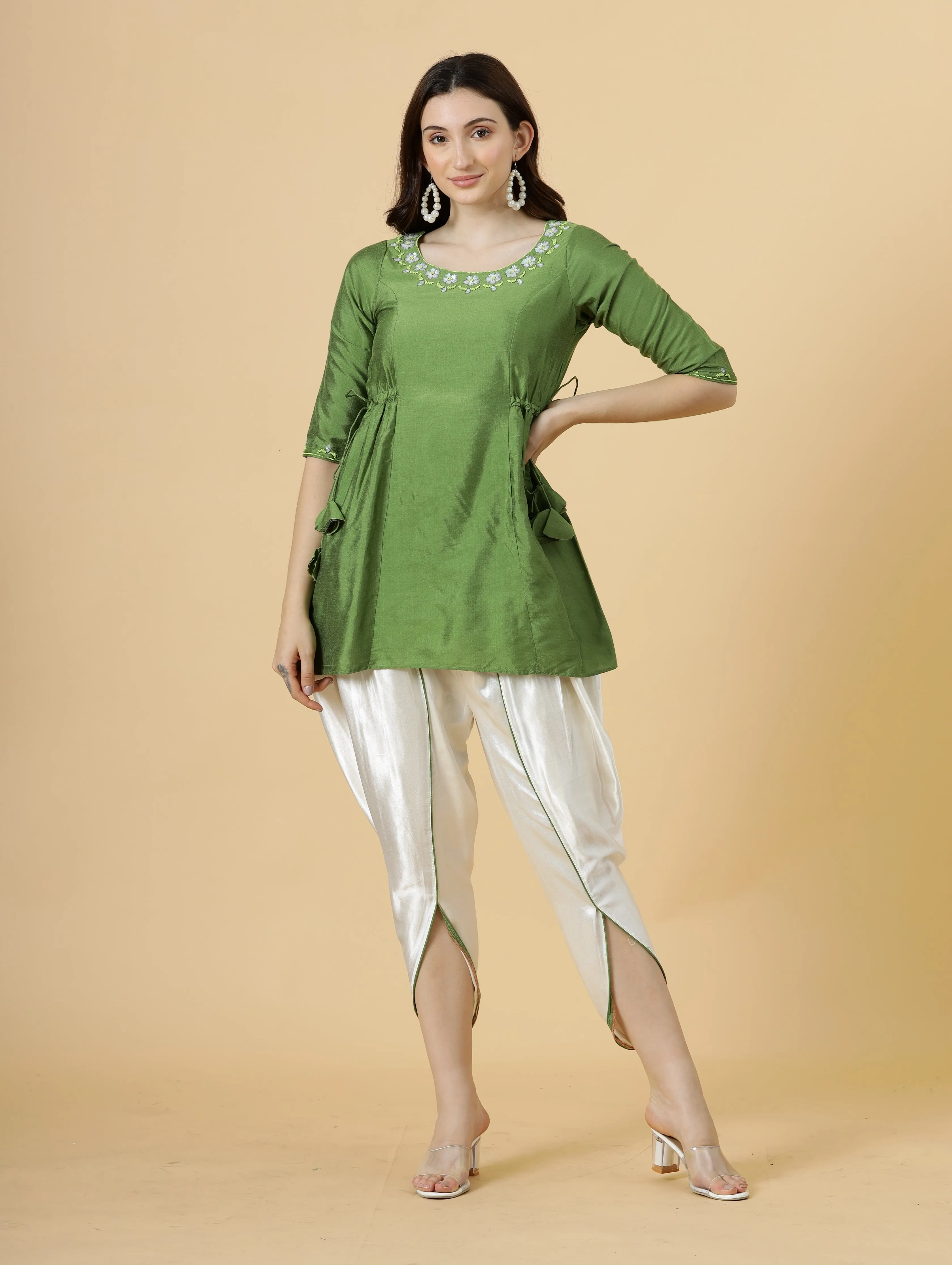 Stylish Leaf Green Embroidered Short Kurti-Tulip Set