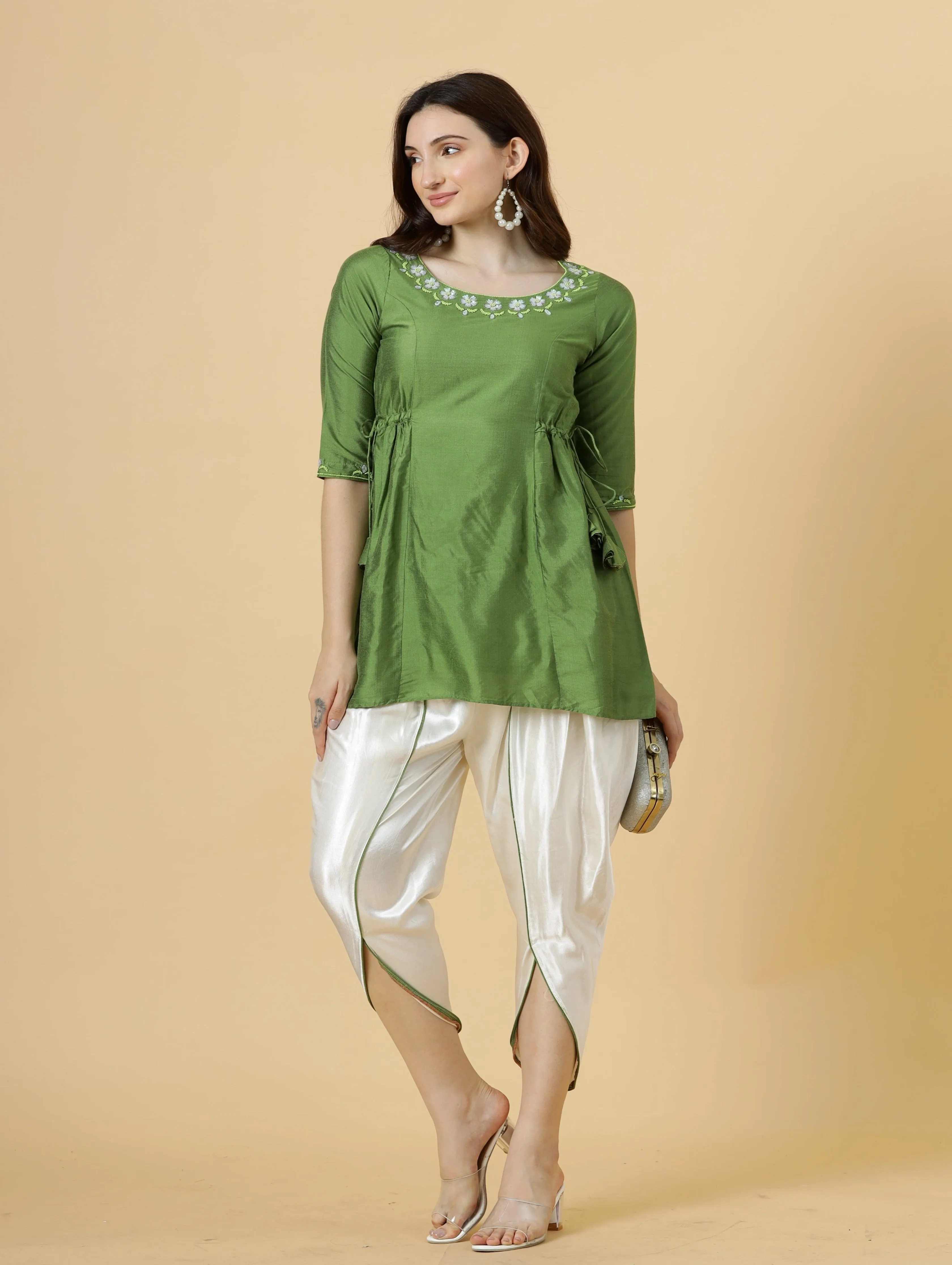 Stylish Leaf Green Embroidered Short Kurti-Tulip Set