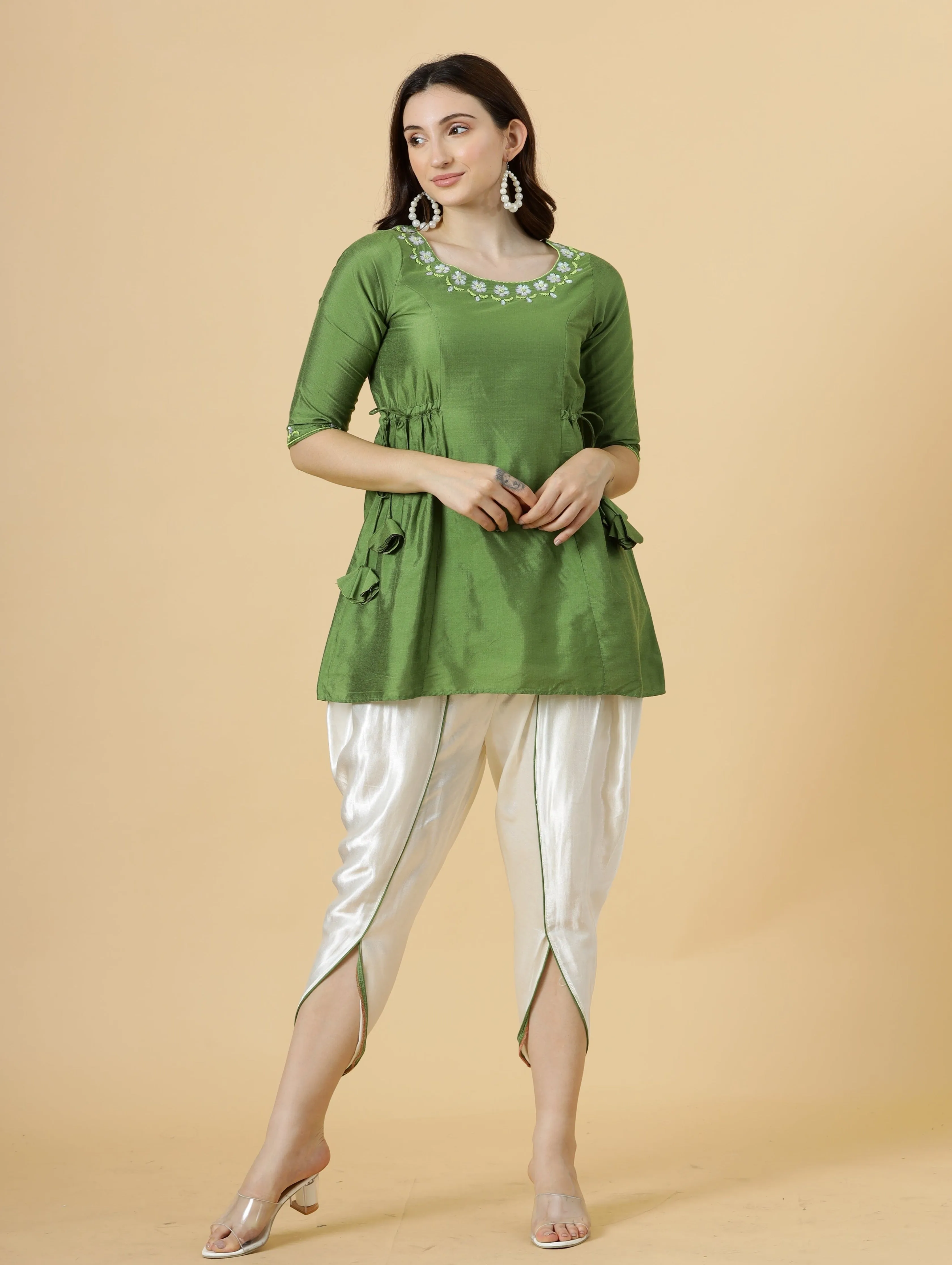 Stylish Leaf Green Embroidered Short Kurti-Tulip Set