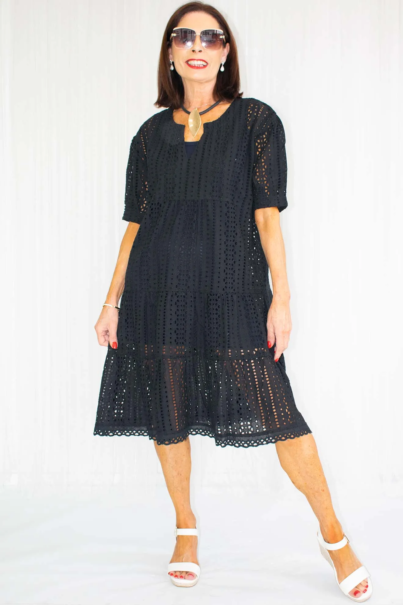 Taylor Tiered Brodie Anglaise Dress in Black