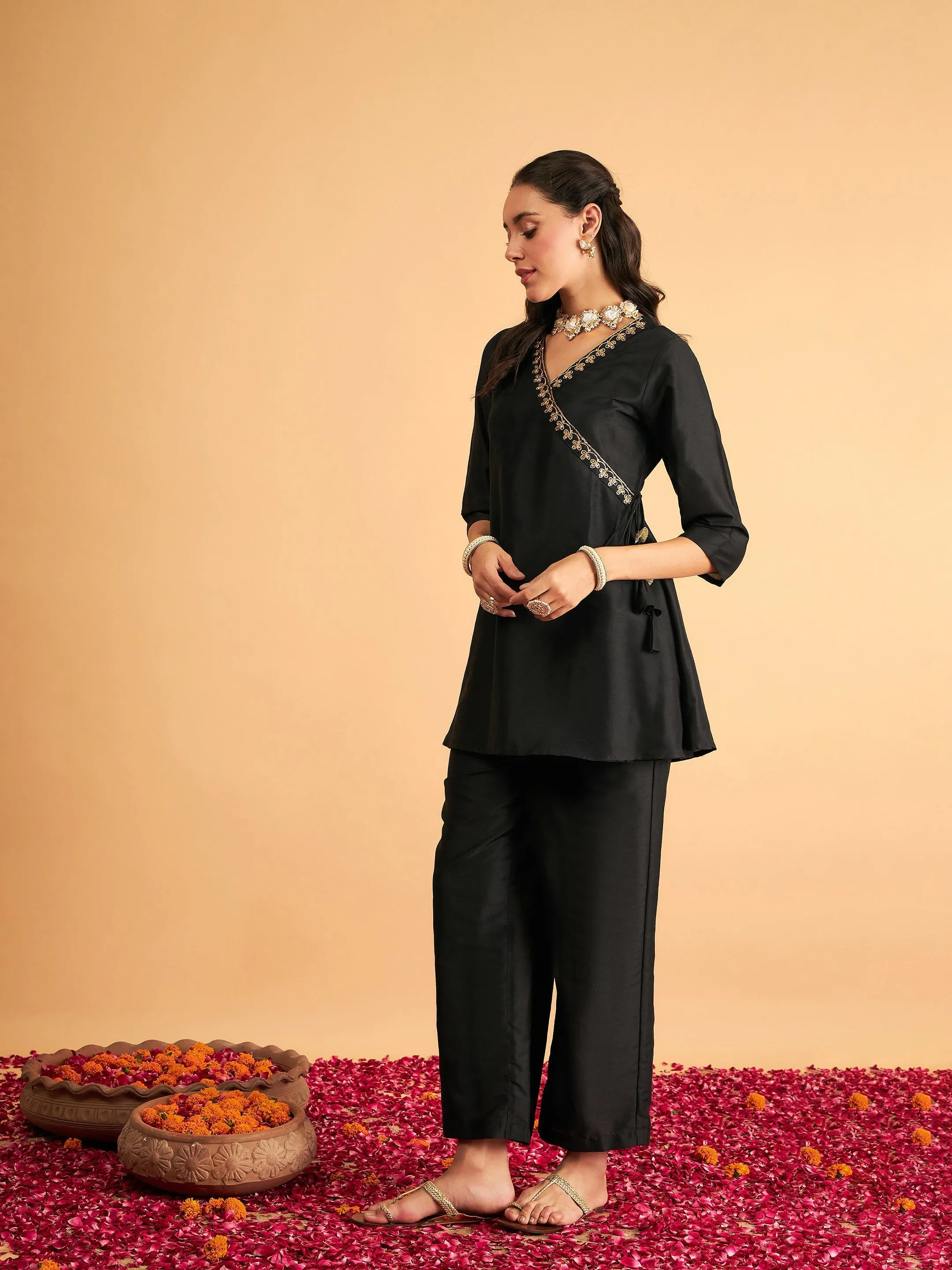 Women Black Embroidered Wrap Top With Pants