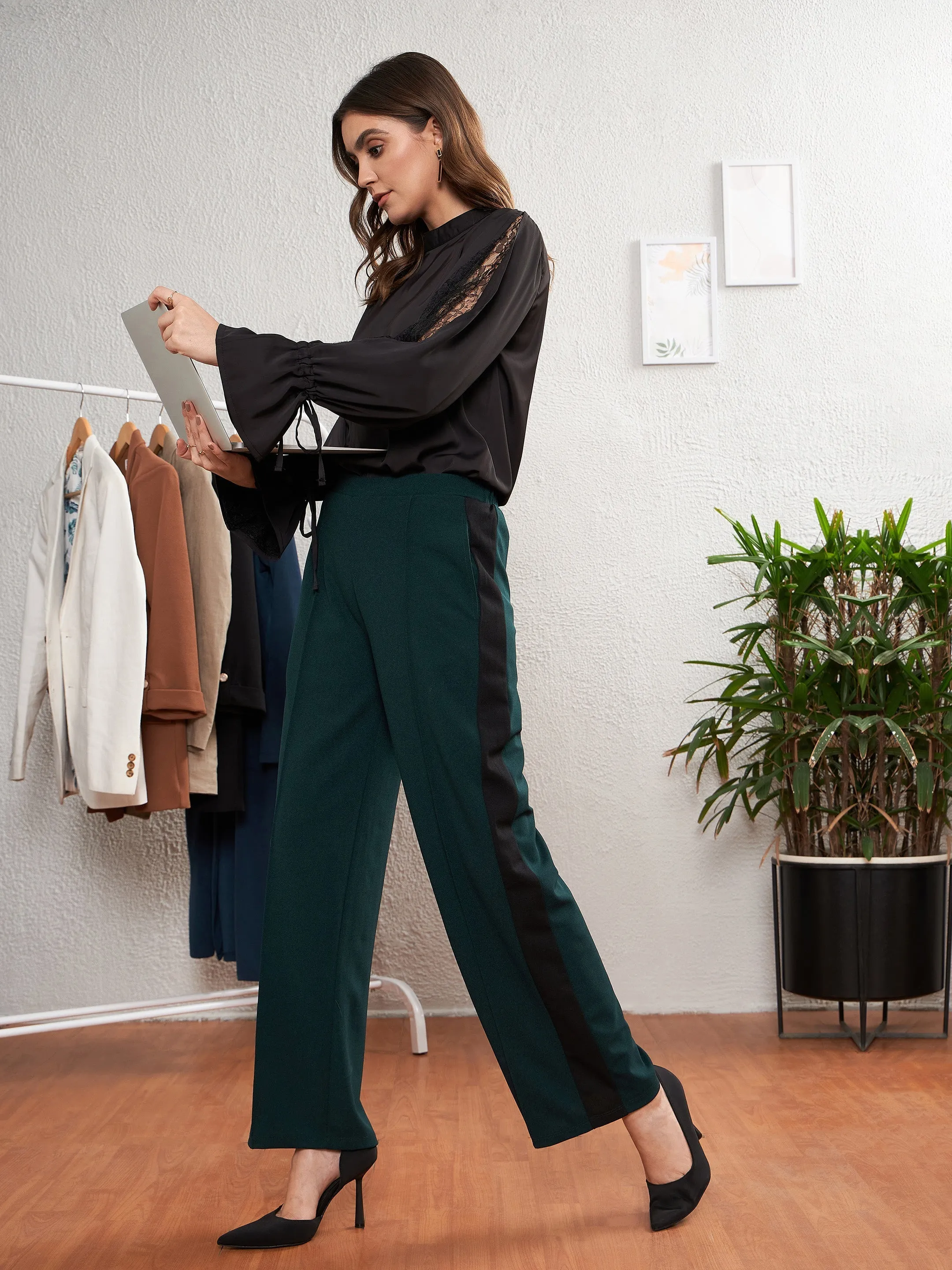 Women Emerald Green Side Tape Straight Pants