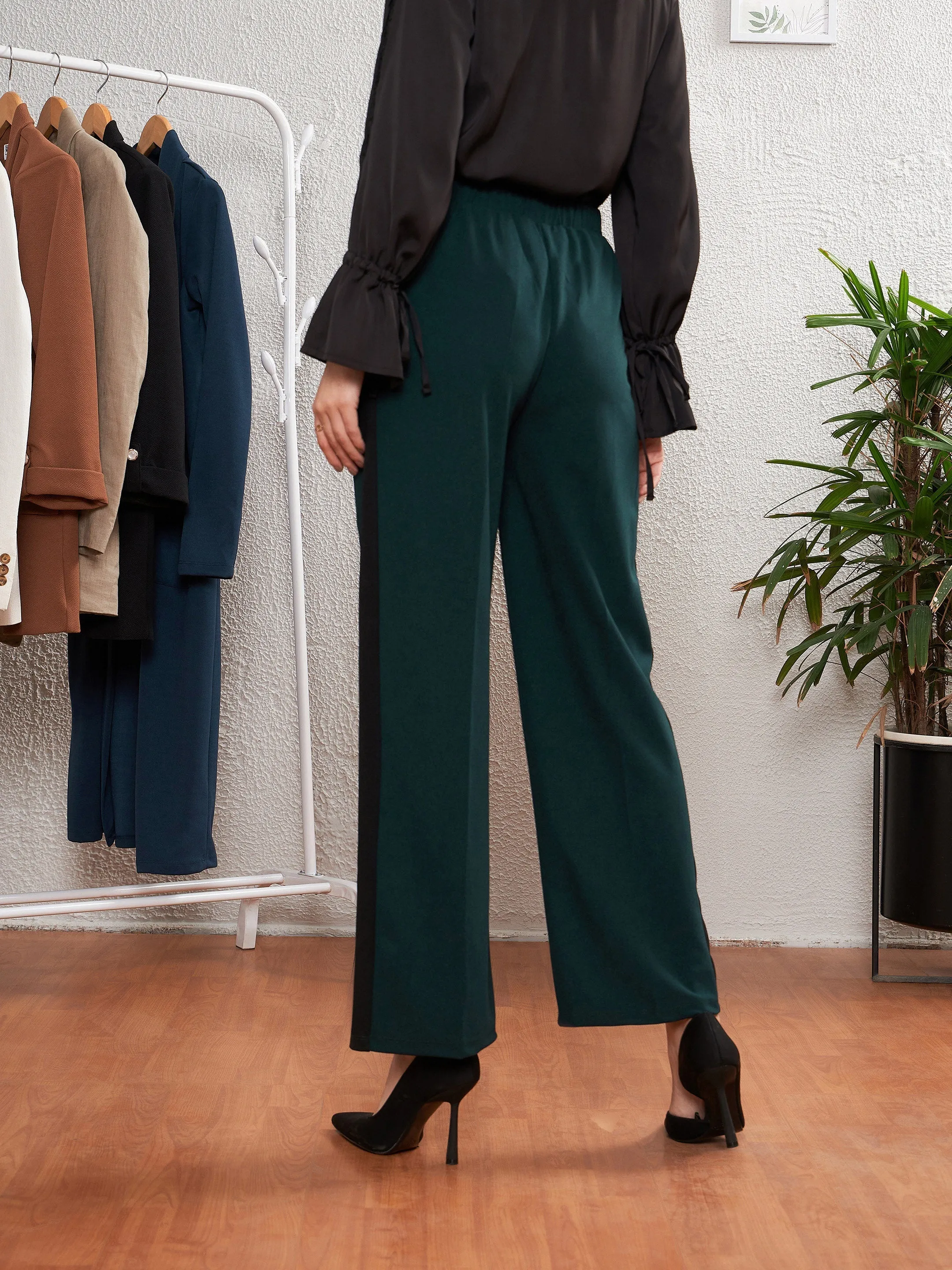 Women Emerald Green Side Tape Straight Pants