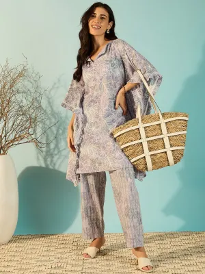 Women Lilac Artisan Print Cotton Kaftan Style Co-Ord Set