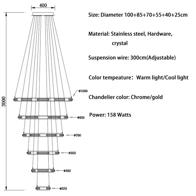 YLK Stainless steel Ring Design Modern LED chandelier for staircase