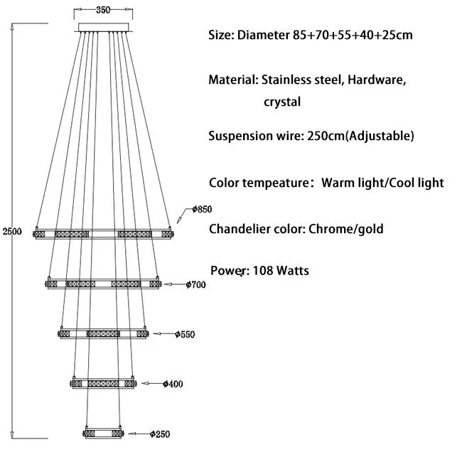 YLK Stainless steel Ring Design Modern LED chandelier for staircase